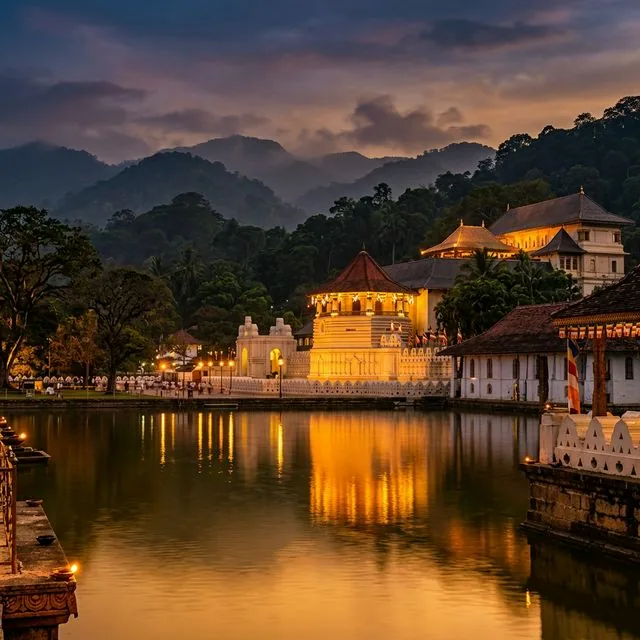 Temple and lake in Sri Lanka at dusk
